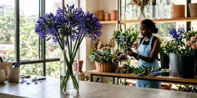 A close-up of vibrant blue Agapanthus flowers with delicate trumpet-shaped blooms, ready for export.