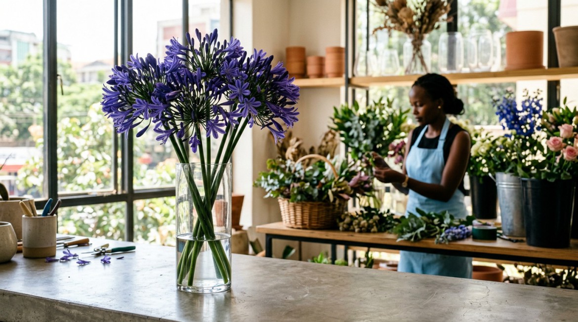 A close-up of vibrant blue Agapanthus flowers with delicate trumpet-shaped blooms, ready for export.