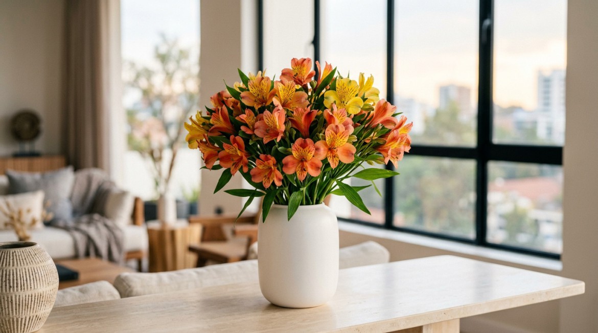 A vibrant bouquet of Astromelia flowers, showcasing their unique layered petals and rich colors, ready for export.