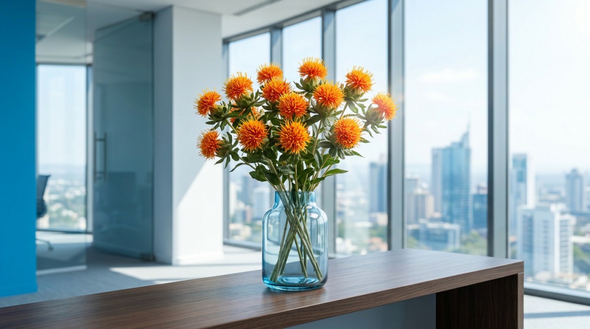 Close-up of bright orange Carthamus (safflower) flowers