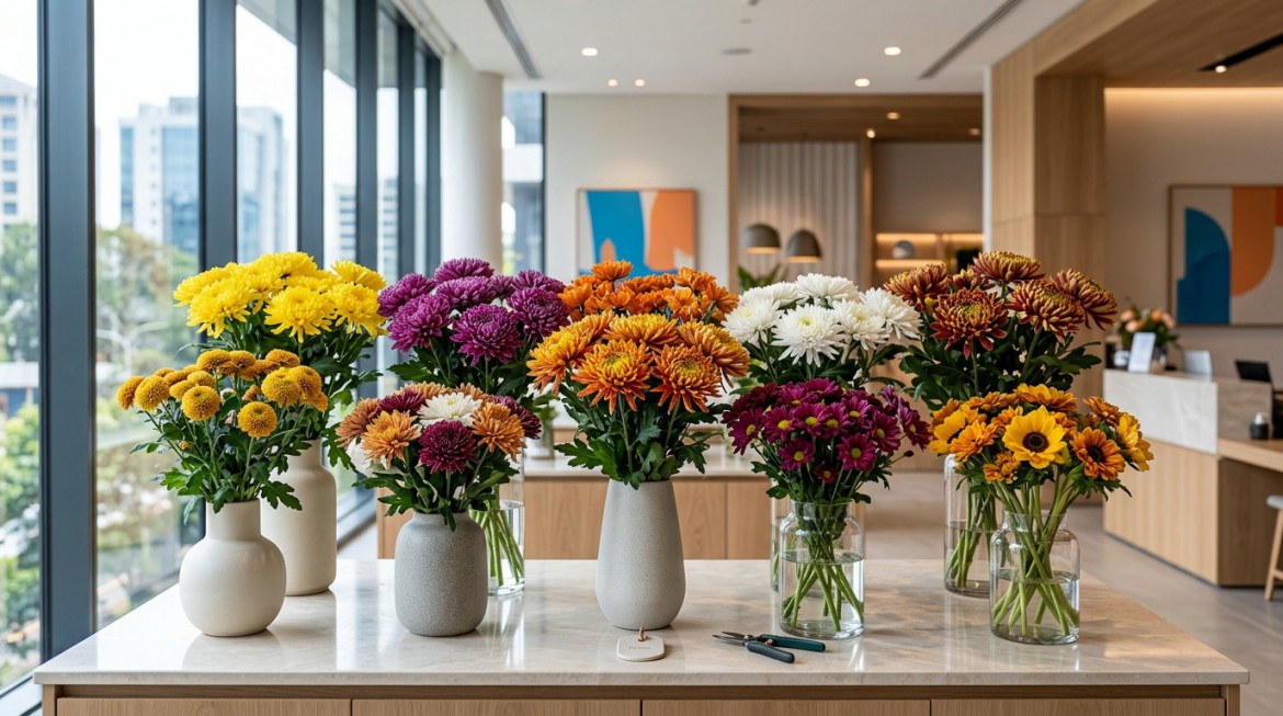 A close-up shot of bright, colorful chrysanthemums ready for export from Kenya.