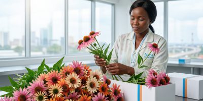 Bunches of vibrant pink and cream Echinacea flowers ready for export from Kenya