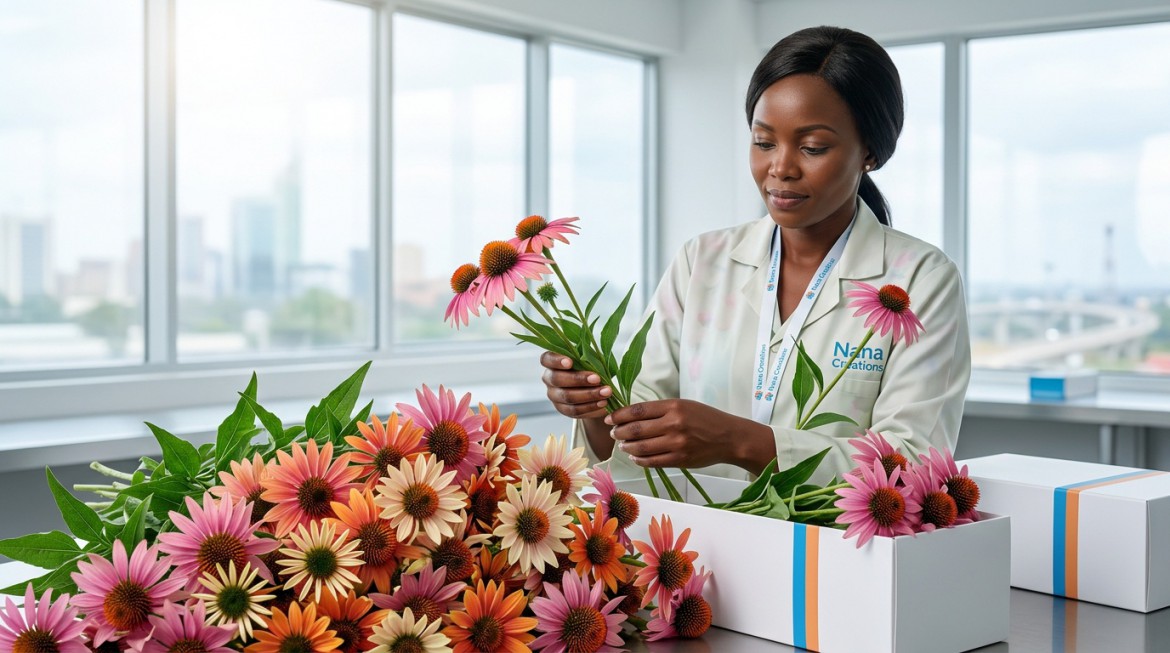 Bunches of vibrant pink and cream Echinacea flowers ready for export from Kenya