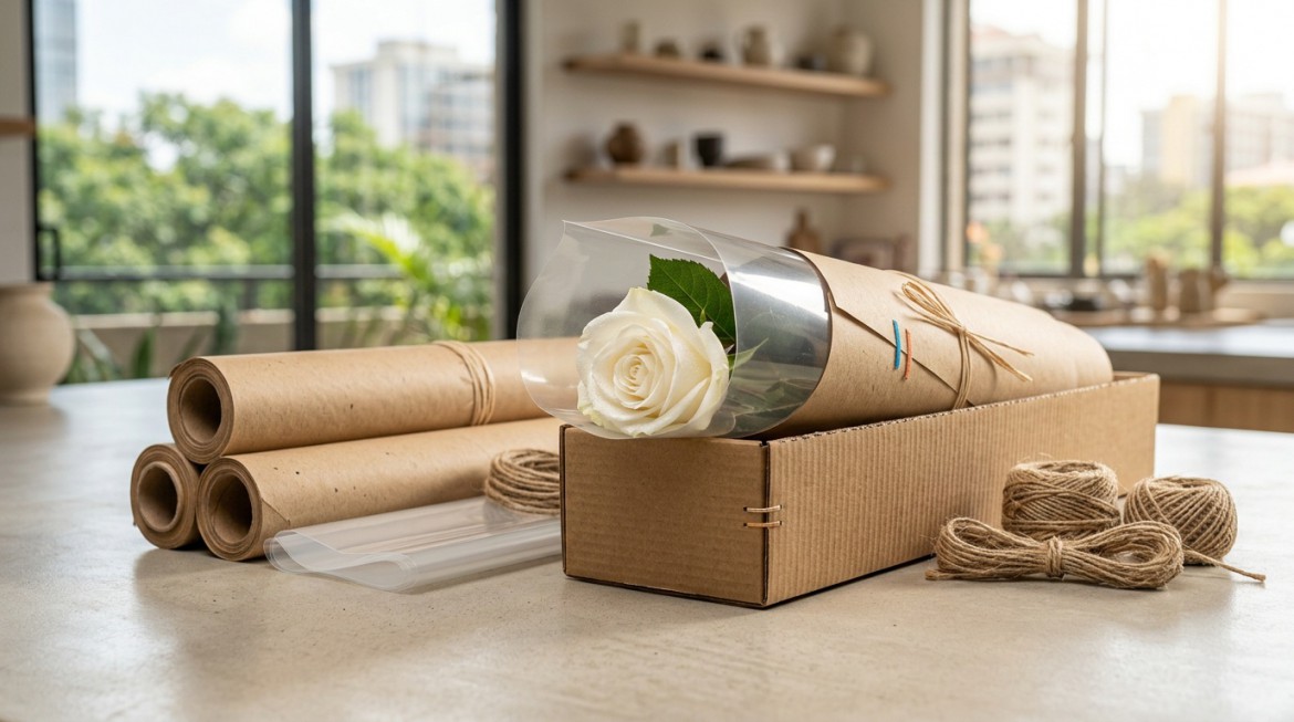 Flowers being packed in eco-friendly packaging materials by Nana Creations