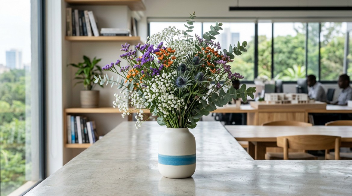 Beautiful floral arrangement featuring Gypsophila, Limonium, Eryngium, and Eucalyptus from Nana Creations