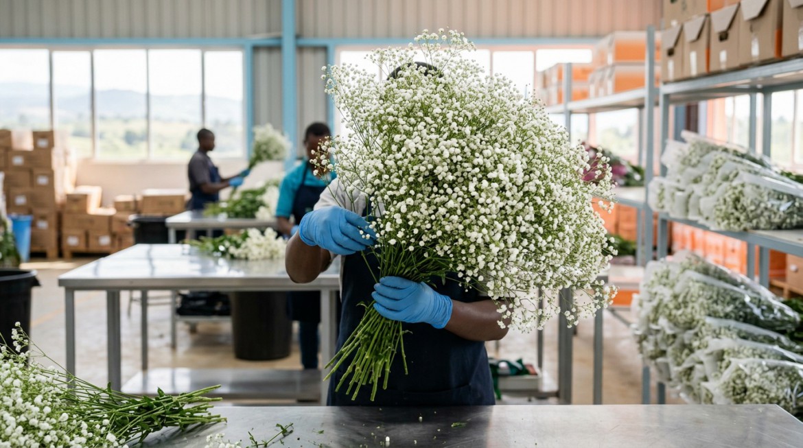 Close-up of delicate white Gypsophila flowers, ready for export by Nana Creations