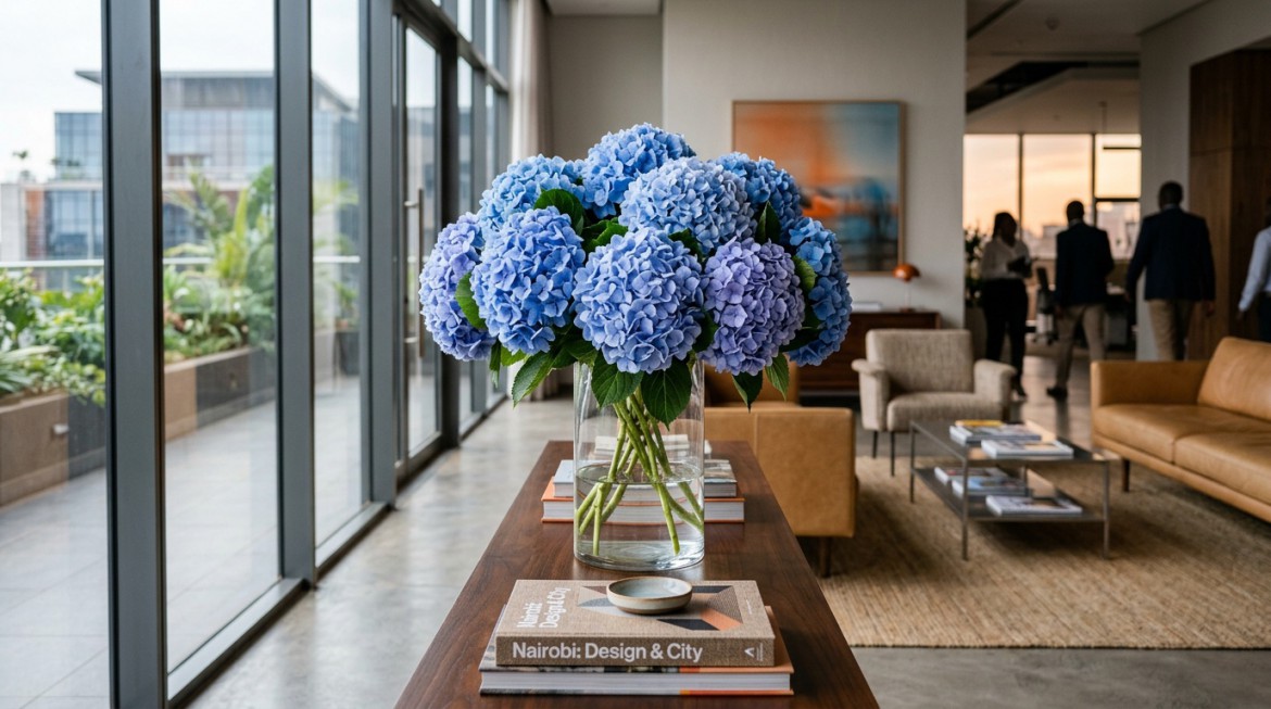 A vibrant bouquet of blue and pink Hydrangea flowers ready for export