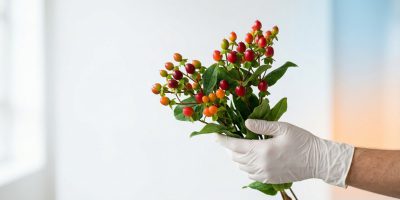 Close-up of vibrant red Hypericum berries, a specialty flower for export.