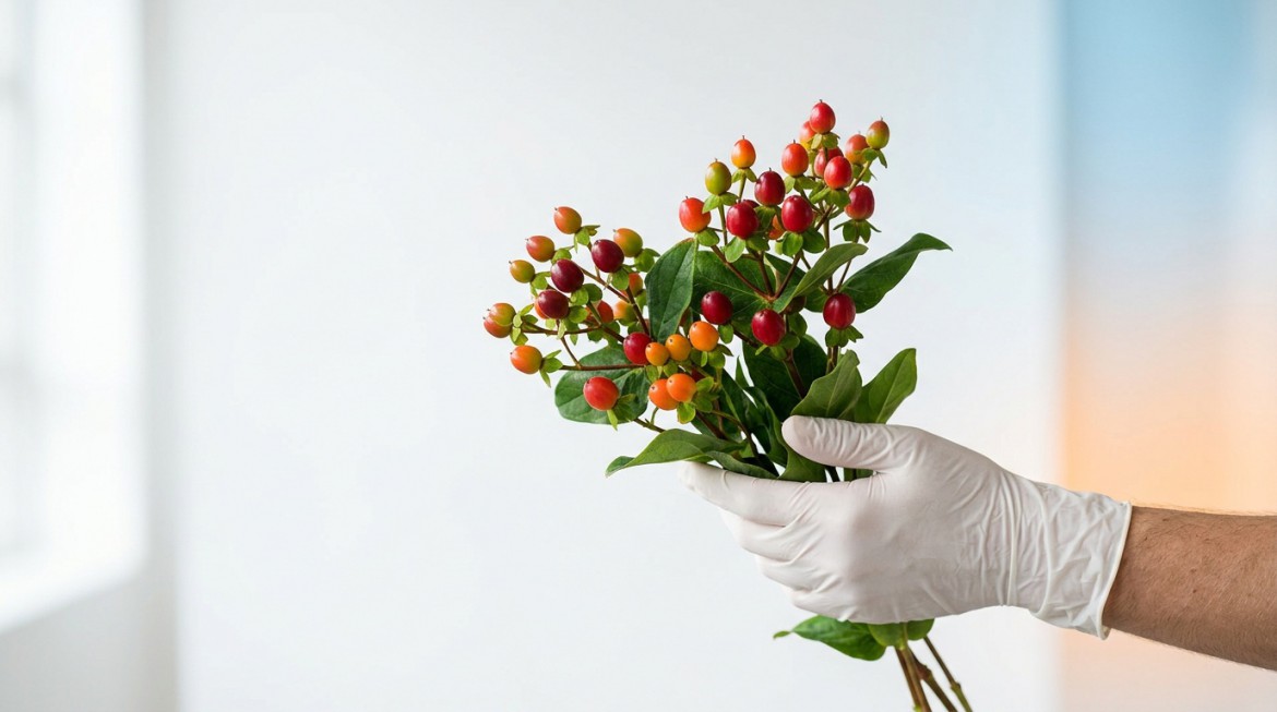 Close-up of vibrant red Hypericum berries, a specialty flower for export.