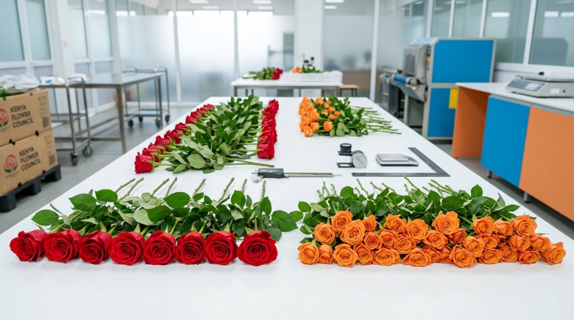 Expert hand inspecting a premium rose during Nana Creations' inspection processes