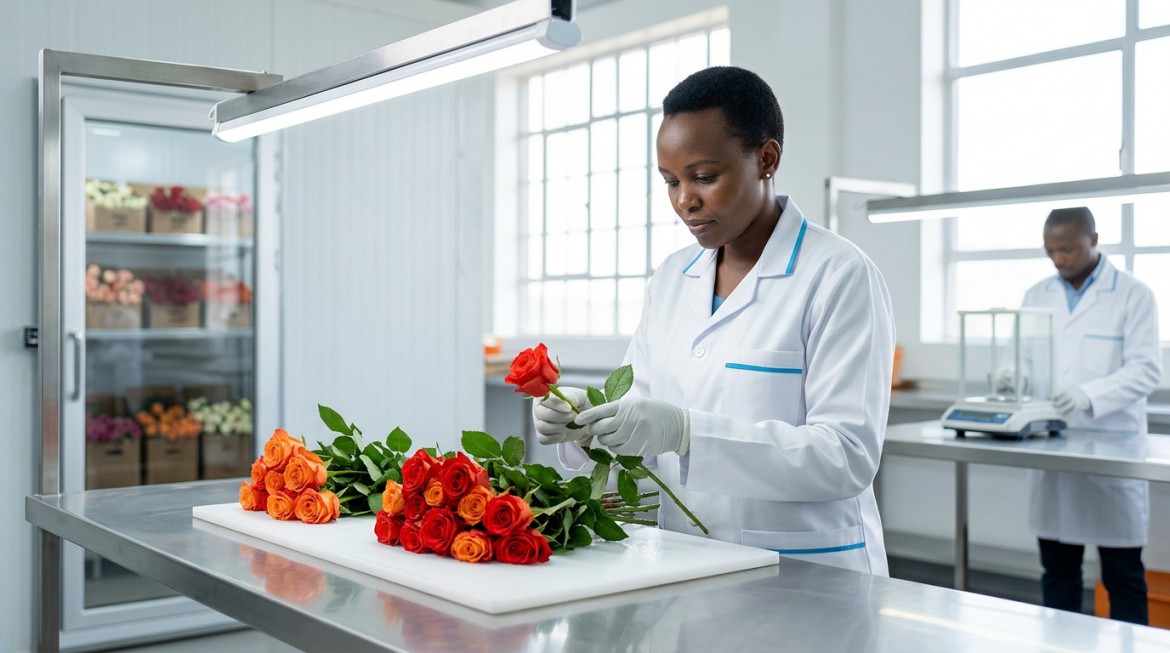 Quality control inspection of premium flowers at Nana Creations facility in Kenya