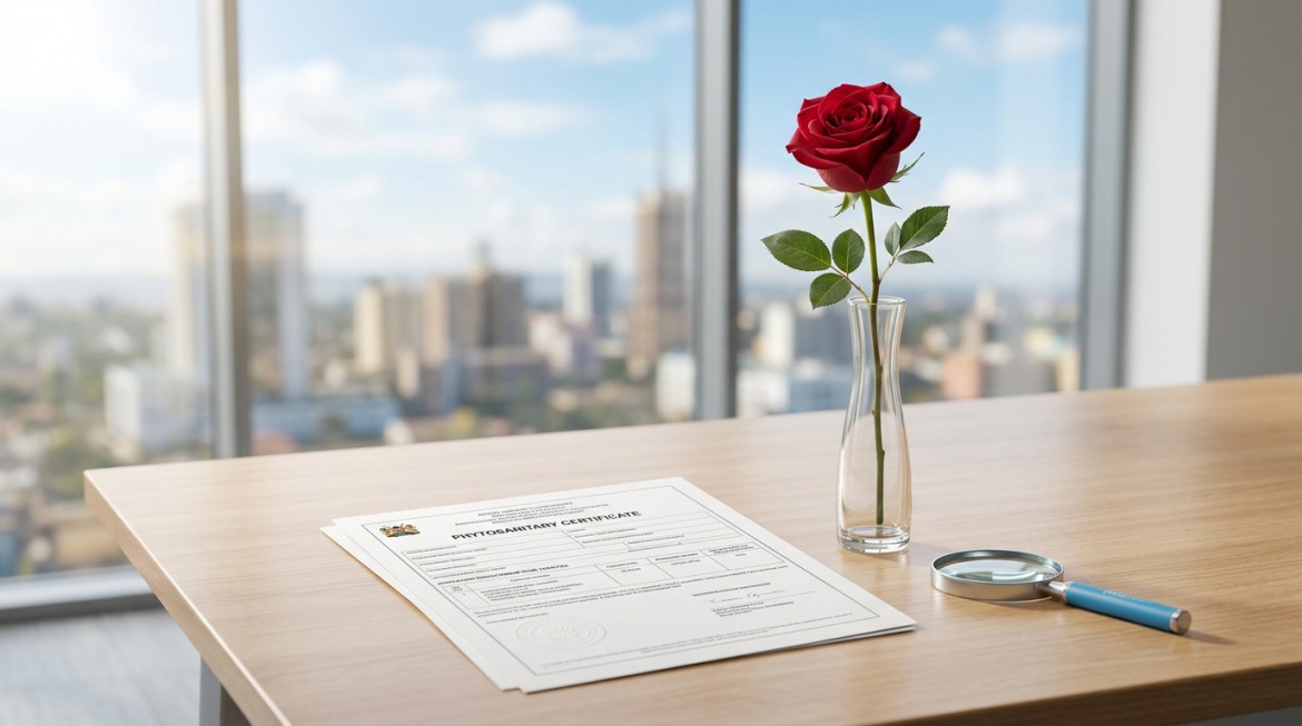 Close-up of a phytosanitary certificate for flower export with flowers in the background