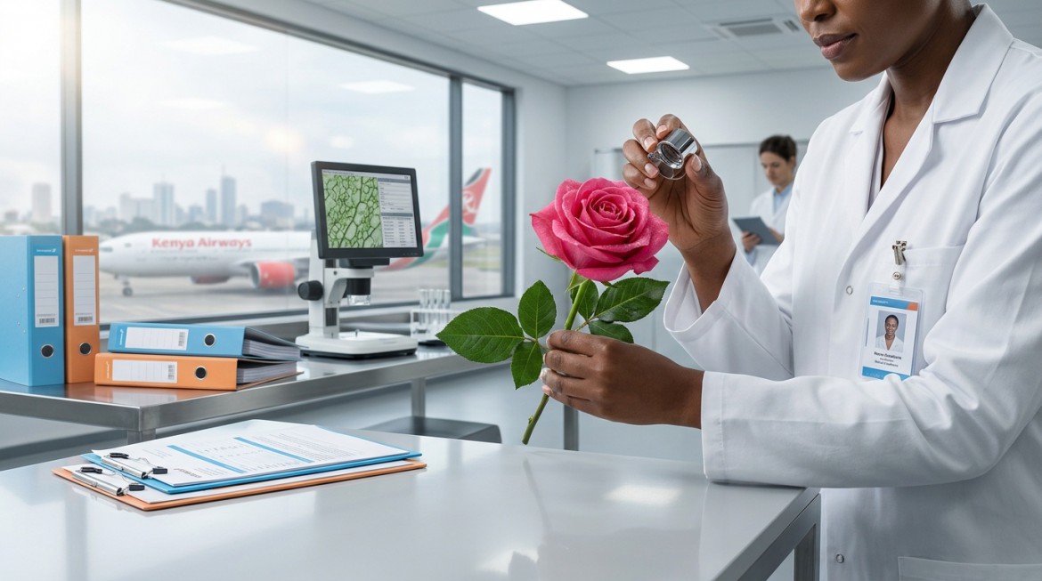 Close-up of a phytosanitary inspection of fresh flowers for export in Kenya.