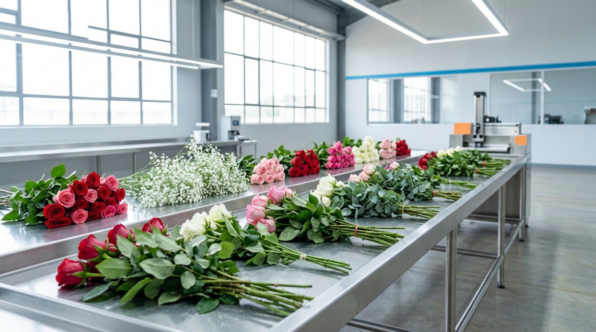 Skilled hands meticulously grading freshly harvested premium Kenyan flowers for export.