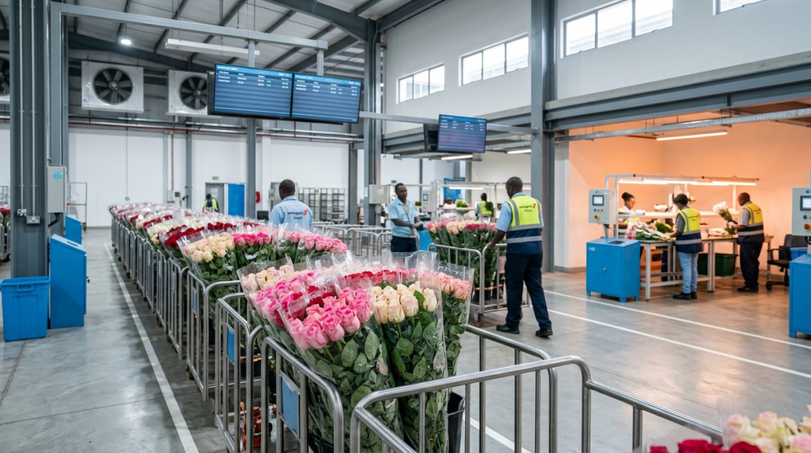 Close-up of carefully handled fresh flowers being prepared for export.