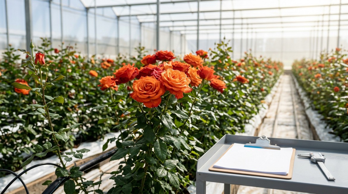 Agronomist inspecting flowers on a Kenyan farm for Nana Creations' pre-harvest inspection.