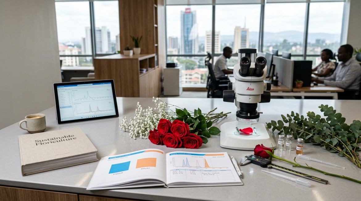 Close-up of a hand inspecting a perfectly formed rose for quality during product testing.