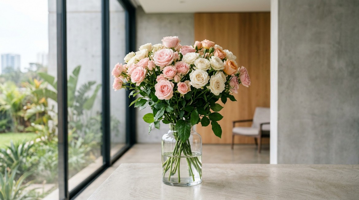A close-up of vibrant spray roses with multiple blooms on a single stem, ready for export.