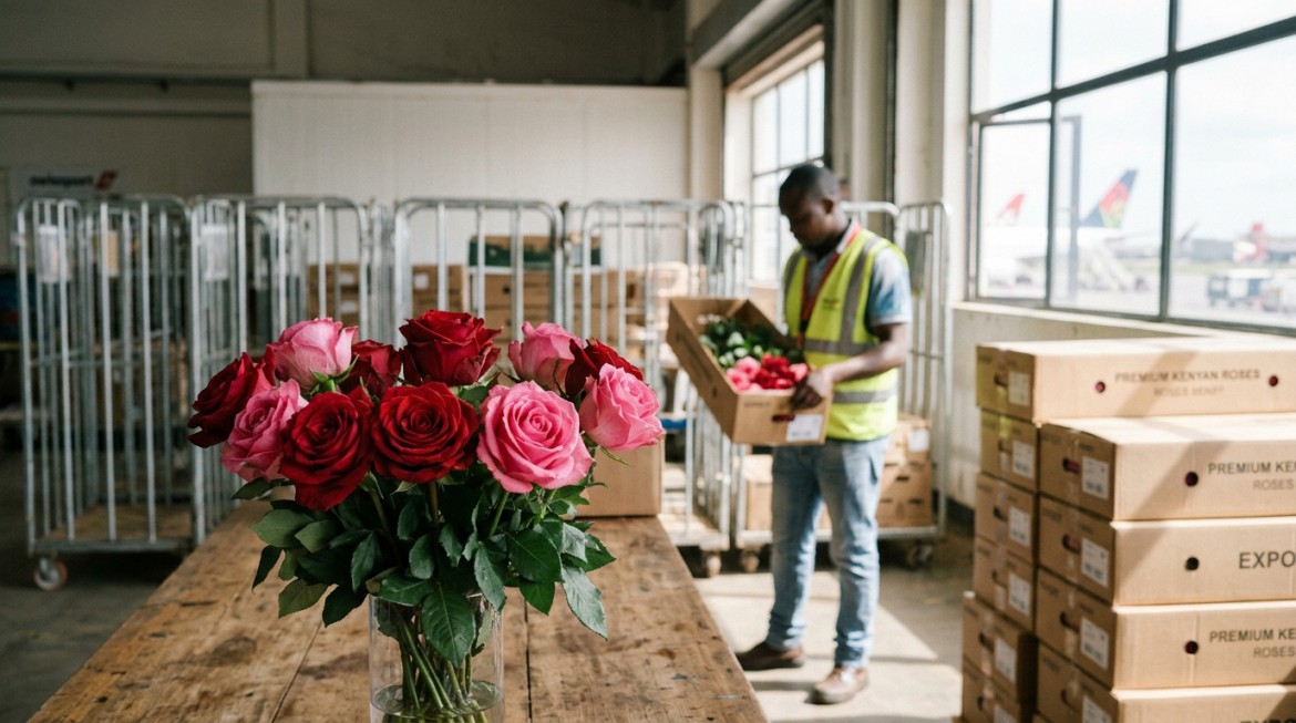Vibrant red Standard Roses arranged beautifully, representing Nana Creations' premium Kenyan export quality.