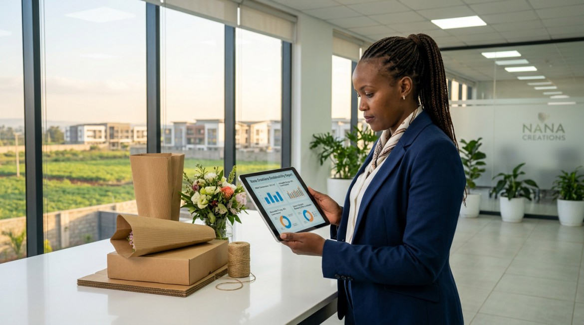 Woman arranging flowers in eco-friendly packaging at Nana Creations