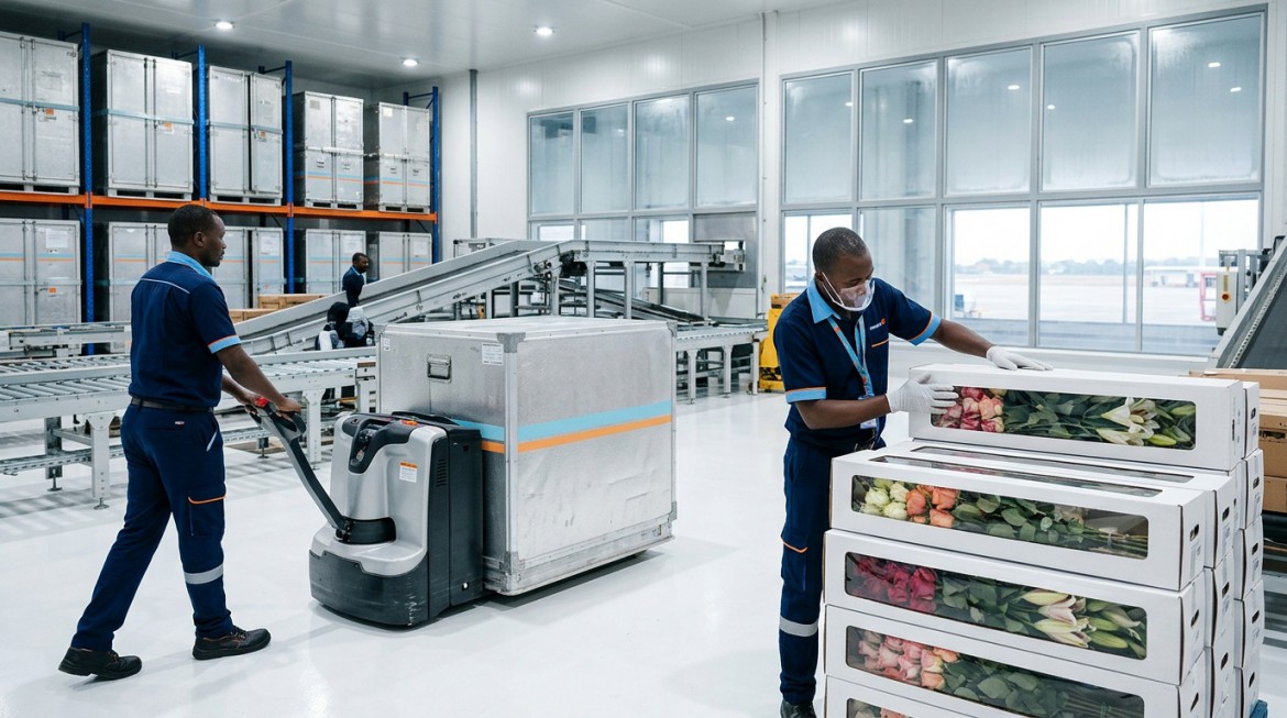 Flowers being handled at Swissport Cargo Complex for export from Kenya