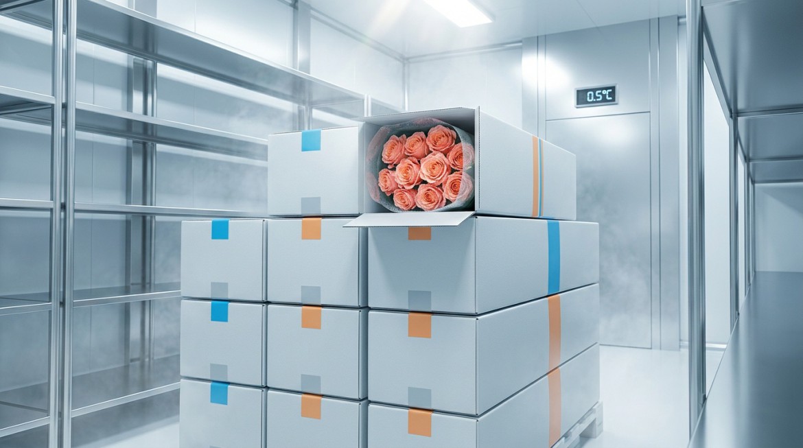 Close-up of flowers being carefully packed in a temperature-controlled environment for export.